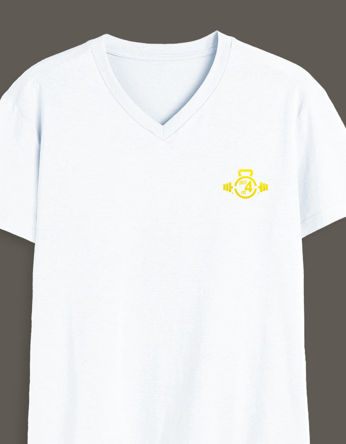 White Just4Fit T-shirt made from breathable cotton, styled for gym or casual wear
