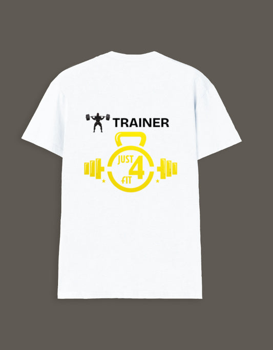White Just4Fit T-shirt made from breathable cotton, styled for gym or casual wear